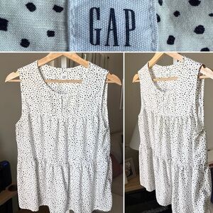 Gap Women’s Tiered Peplum Hem Sleeveless Top White Black Dots Button Keyhole M